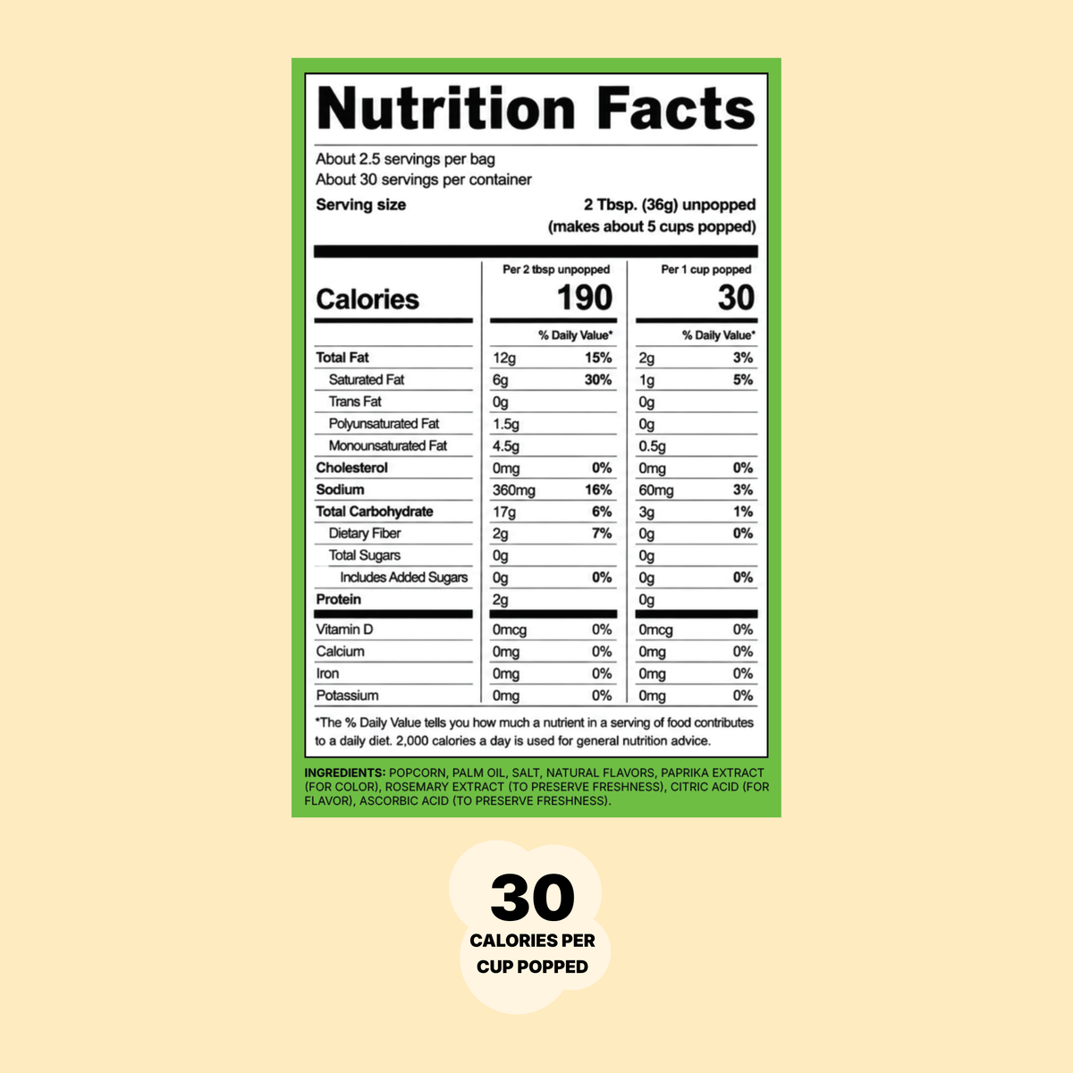 Chili Lime nutrition facts, 30 calories per cup popped