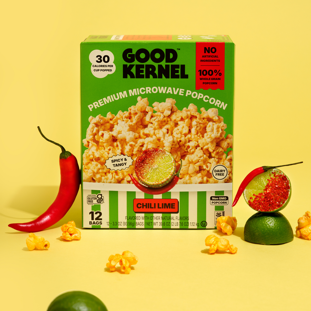 Good Kernel Chili Lime box with chili peppers and limes