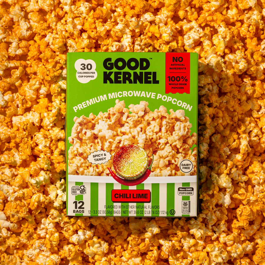 Good Kernel Chili Lime box on a pile of popped popcorn